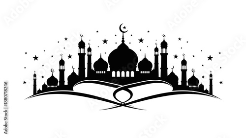 Mosque Silhouette Vector with Crescent Moon and Stars – Islamic Architecture in Black and White for Ramadan, Eid, Spiritual Design, and Religious Celebration Themes