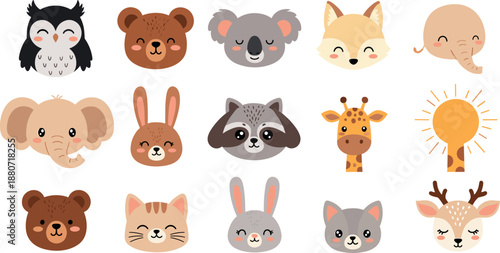 Cute animal face illustration set with owl bear koala fox rabbit giraffe and deer, adorable cartoon avatar collection for kids nursery and playful flat vector designs