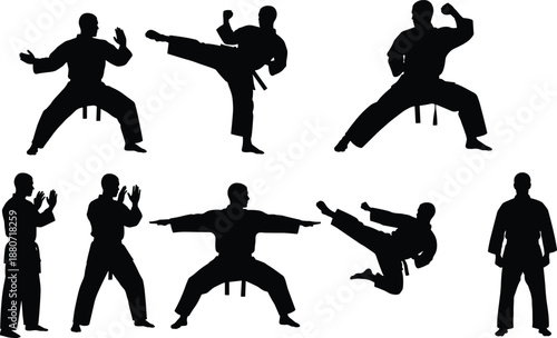 Karate martial arts silhouettes collection fighters training isolated black vector combat sport illustration set