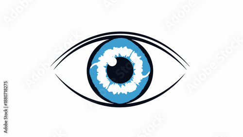 Abstract blue eye illustration with detailed iris design and black outline.
