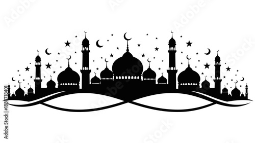 Mosque Silhouette Vector with Crescent Moon and Stars – Islamic Architecture in Black and White for Ramadan, Eid, Spiritual Design, and Religious Celebration Themes