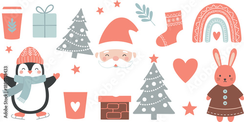 Cute Christmas illustration set with Santa penguin bunny trees gifts and winter decorations, cozy pastel holiday elements collection for kids nursery and festive flat vector designs