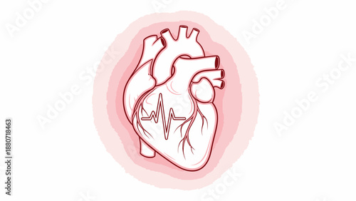 Hand-drawn illustration of a human heart with heartbeat line and red circular background.