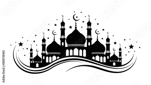 Mosque Silhouette Vector with Crescent Moon and Stars – Islamic Architecture in Black and White for Ramadan, Eid, Spiritual Design, and Religious Celebration Themes