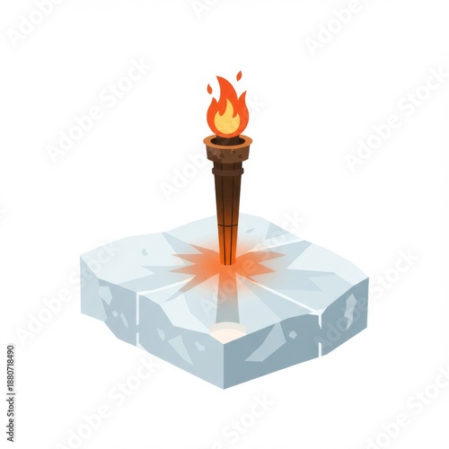 Burning Torch on an Ice Block with Warm Light Contrasting Cold in Isometric Pixel Art