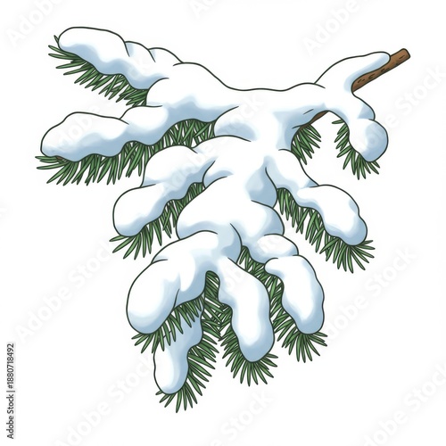 Snow Covered Green Fir Branch on White Background in Winter Season Illustration