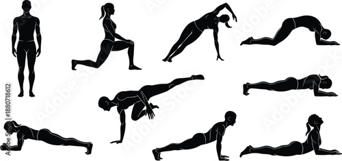 Fitness yoga exercise silhouettes collection, body workout poses isolated black vector training illustration set