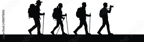 Silhouettes of hikers walking, backpacks, trekking poles, outdoor adventure, nature trail, group expedition, exploration, travel, photography, mountain path, journey