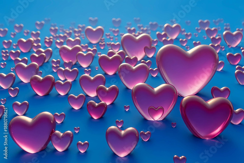 Translucent pink hearts scattered across a vibrant blue background with soft highlights and depth of field blur in a studio setting.