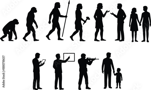 Silhouettes of human evolution and social development, primate to modern life, technology, parenting, education, music, posture, timeline