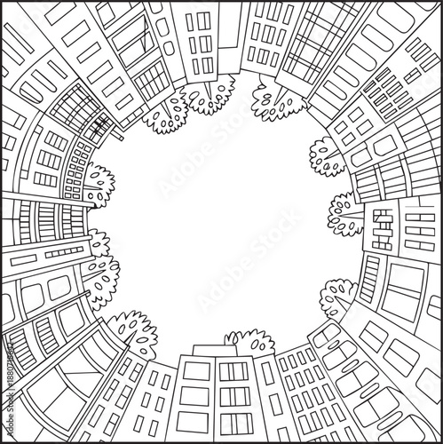 City building with beautiful scenery coloring page for kids, black line art vector illustration for relaxing coloring book design