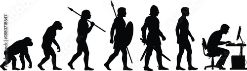 Silhouettes of human evolution from primate to digital age, walking posture, warrior, knight, modern man, computer user, transformation, timeline