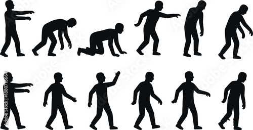 Silhouettes of human to zombie transformation sequence, walking posture change, horror evolution, undead motion, expressive gesture, character design 