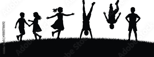 Silhouettes of Joyful Children Playing and Performing Cartwheels on a Grassy Bank, Representing Childhood, Outdoor Fun, Movement, Acrobatics, Playtime, and Summer Recreation.