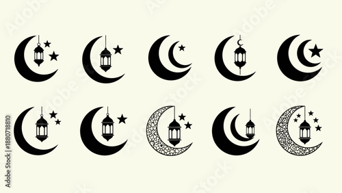 Crescent Moon and Lantern Icons Vector – Ten Black Islamic Silhouettes Featuring Stars, Patterns, and Ramadan Symbols for Spiritual, Festive, and Cultural Design Themes