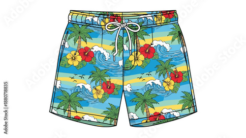 Hawaiian print swim shorts with palm trees and waves