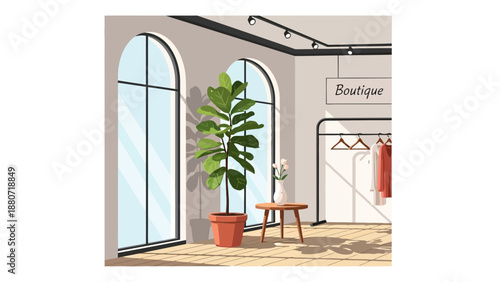 Interior of a boutique with arched windows and clothing rack