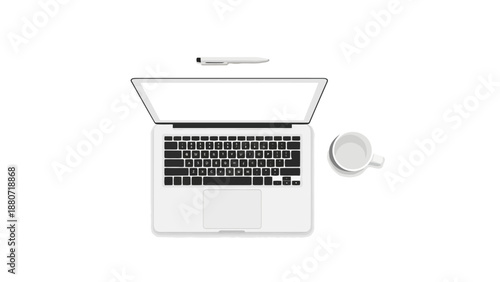 Laptop pen and coffee cup on a white background
