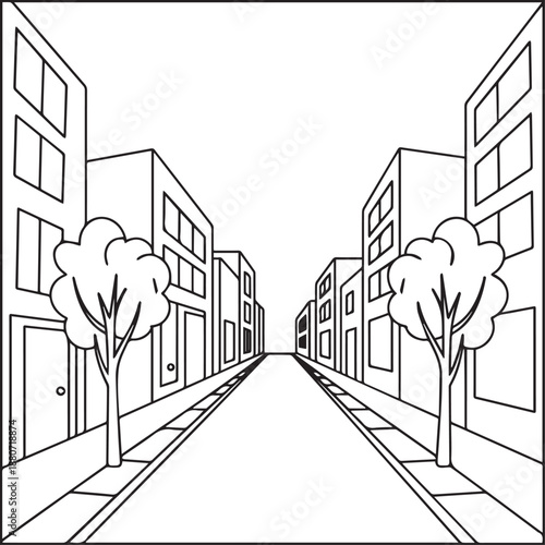 City building with beautiful scenery coloring page for kids, black line art vector illustration for relaxing coloring book design