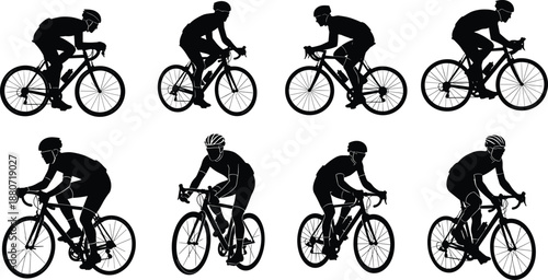 Cyclist silhouettes collection road racing bicycle riders isolated black vector sport illustration set design bundle