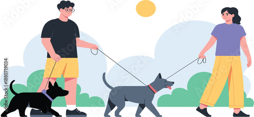 Happy man and woman walking dogs in sunny outdoor park for pet care and lifestyle