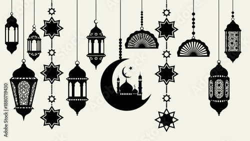Islamic Art Silhouette Vector – Mosque with Crescent Moons, Geometric Patterns, and Stars for Ramadan, Eid, Spiritual Design, and Cultural Decoration Themes
