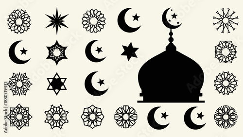 Islamic Art Silhouette Vector – Mosque with Crescent Moons, Geometric Patterns, and Stars for Ramadan, Eid, Spiritual Design, and Cultural Decoration Themes