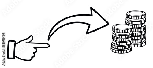 A pointing hand indicates an exchange or transaction leading to stacked money coins, ideal for financial concepts, payment processes, investment growth, or economic transformation