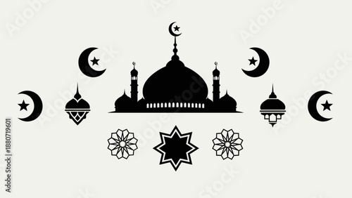 Islamic Art Silhouette Vector – Mosque with Crescent Moons, Geometric Patterns, and Stars for Ramadan, Eid, Spiritual Design, and Cultural Decoration Themes