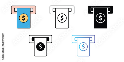 Set of 5 ATM cash withdrawal icons vector isolated on Transparent Background
