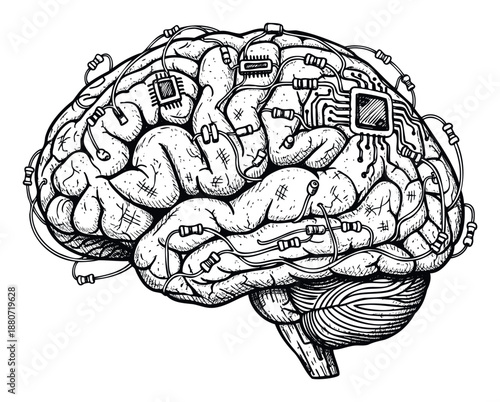 Human brain augmented with intricate electronic circuitry and microchips, symbolizing artificial intelligence and advanced technological integration for scientific and educational