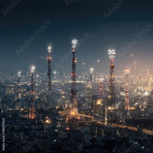 Wallpaper Mural Cityscape at night with illuminated towers emitting WiFi signals and 5G emblem Torontodigital.ca