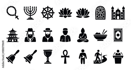 Comprehensive collection of diverse religious and spiritual icons including symbols, figures, and artifacts, suitable for educational resources, cultural presentations, and interface design