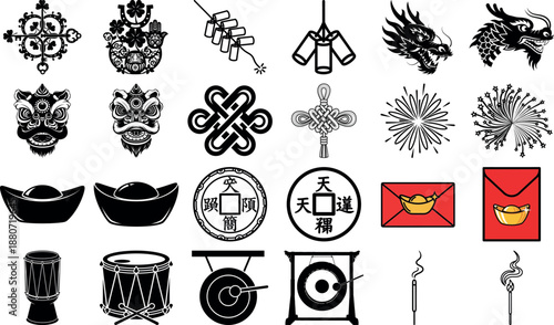 Black and white Chinese New Year set with dragons firecrackers and traditional symbols