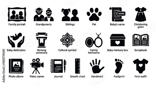 A comprehensive collection of diverse family and baby milestone icons representing cherished memories, important keepsakes, and significant life events for familyfocused projects and
