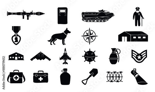 Military equipment and defense services icon set for web or application interfaces, perfect for illustrating themes of security, armed forces, and national defense