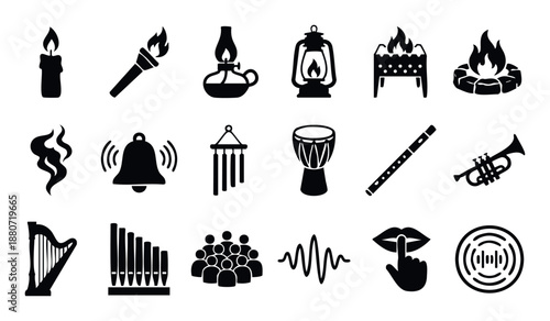 A versatile set of black silhouette icons depicting essential light sources like candles, torches, oil lamps, and various sound elements including musical instruments, bells, and human
