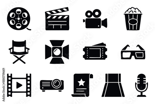 A comprehensive collection of black silhouette icons representing various aspects of cinema, filmmaking, and movie watching, perfect for applications related to entertainment, film