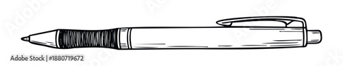 Simple black and white line drawing of a ballpoint pen with a textured grip and clip, perfect for educational materials, office supply graphics, or stationery related content.