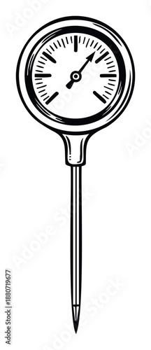 Black and white line drawing of a probe thermometer featuring a clear dial for precise temperature measurement in various cooking and food preparation projects