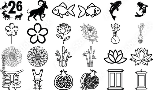 Black and white of zodiac animals flowers fruits and bull goat fish