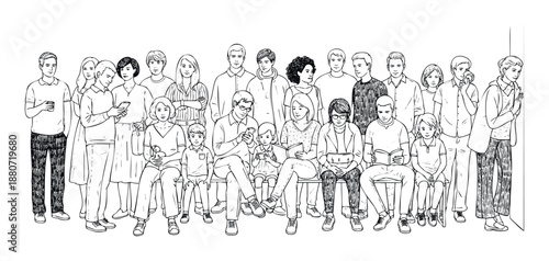 A diverse group of men, women, and children are standing and sitting in a public waiting area, engaging with books and smartphones, perfect for depicting community and modern daily