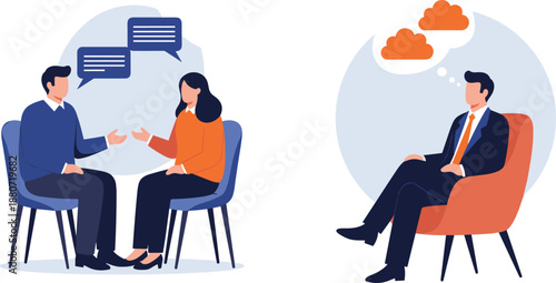 Business discussion and decision making flat illustration showing corporate communication meeting and professional thinking concept with modern office people