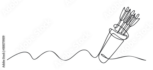 Abstract continuous line artwork of a traditional archery quiver packed with arrows, ideal for sports gear advertisements, outdoor recreation themes, or modern visual communication