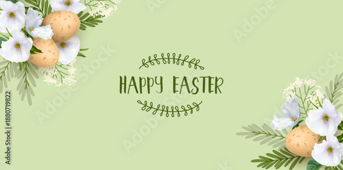 Happy Easter banner with spring flowers and hand drawn plants. Modern background with Easter egg