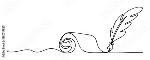 Single continuous line drawing of an antique quill pen writing on a vintage paper scroll, perfect graphic resource for historical documents, education materials, and literary themed print