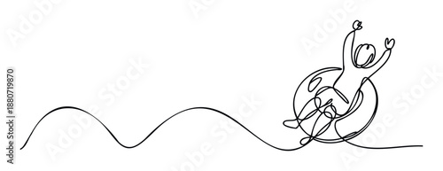 A continuous line drawing captures a joyful figure enjoying a thrilling ride on an inflatable tube down a wavy slope, perfect for conveying excitement, fun, and recreational sports