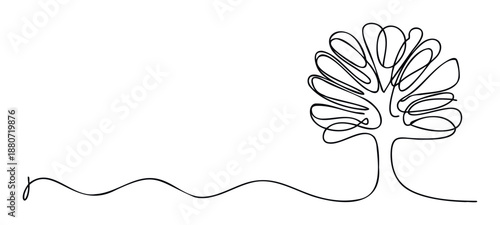Minimalist continuous line drawing depicting a stylized tree with a flowing root or ground line, perfect for conveying simplicity, nature, and organic themes in various graphic projects