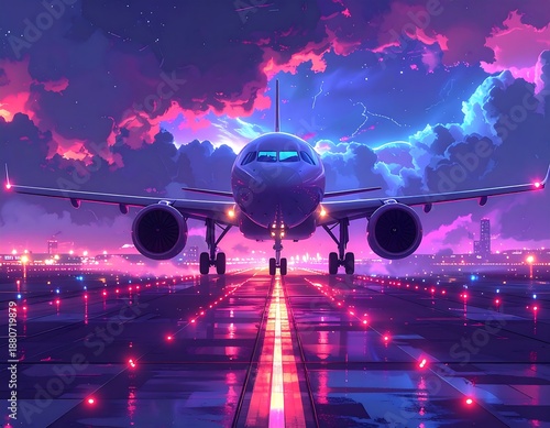 A modern passenger plane faces the viewer at the end of a brightly lit runway at dusk, with stormy neon clouds overhead
