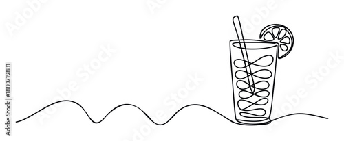 Continuous line drawing of a refreshing summer beverage in a tall glass with a straw and a citrus slice, ideal for menu covers, social media posts, and health drink advertisements.